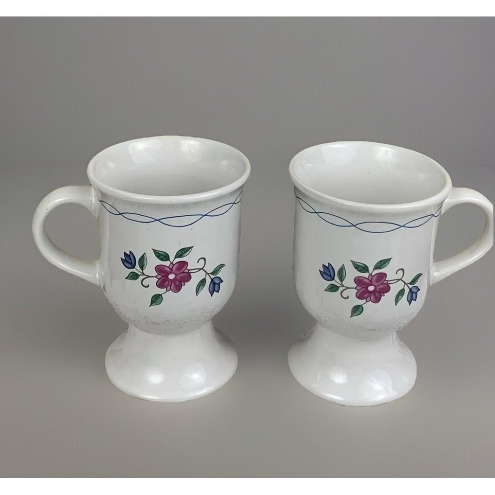 B.I. Inc Floral Footed Mugs White Ceramic Pink Blue Flowers Pedestal Coffee TWO
